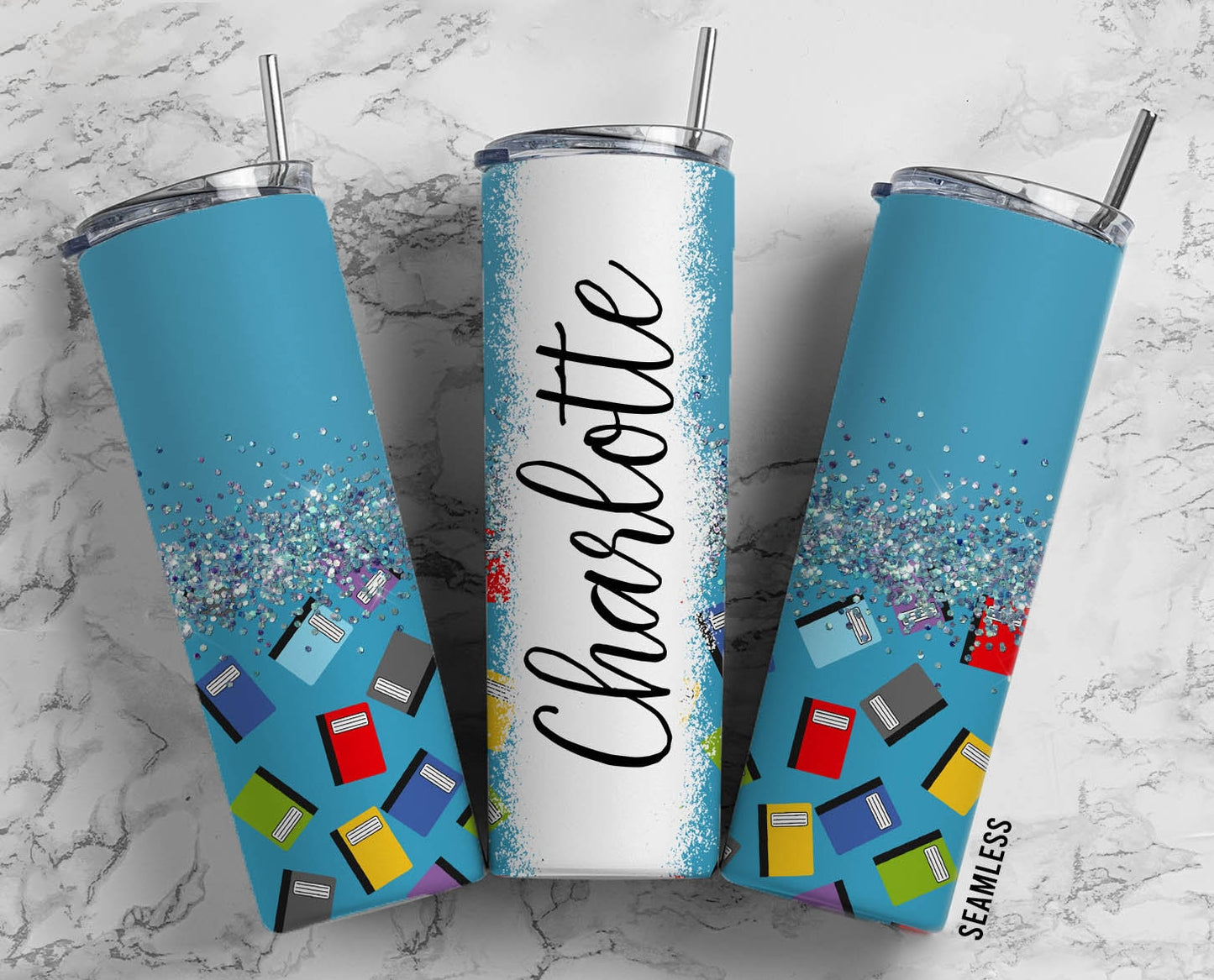 Teacher Blue 20oz Sublimation Tumbler Designs, Silver Glitter Split 9.2 x 8.3” Straight Skinny Tumbler Wrap PNG 167