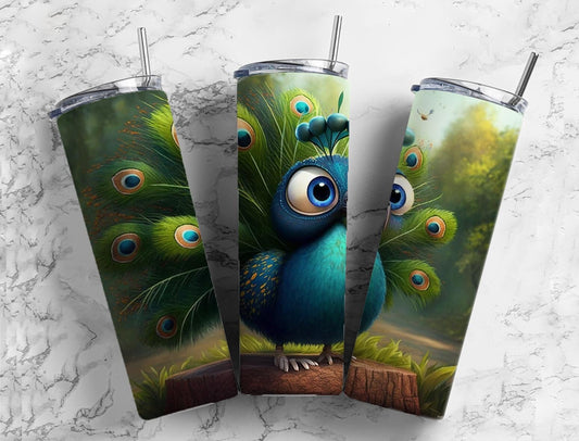 Cartoon peacock 20oz Sublimation Tumbler Designs, Forest landscape 9.2 x 8.3” Straight Skinny Tumbler Wrap PNG