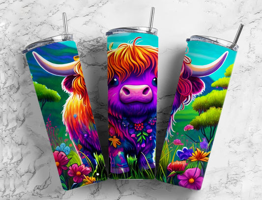 Cartoon highland cow 20oz Sublimation Tumbler Designs, Colorful floral 9.2 x 8.3” Straight Skinny Tumbler Wrap PNG