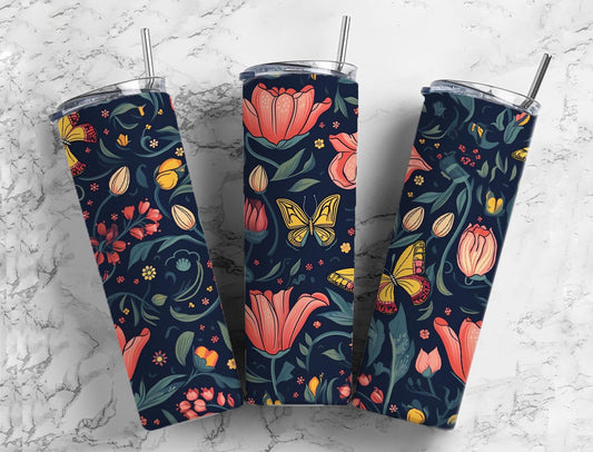 Butterfly floral 20oz Sublimation Tumbler Designs, Retro floral 9.2 x 8.3” Straight Skinny Tumbler Wrap PNG