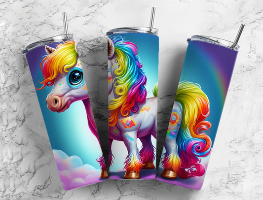 Cartoon horse 20oz Sublimation Tumbler Designs, Rainbow pony 9.2 x 8.3” Straight Skinny Tumbler Wrap PNG