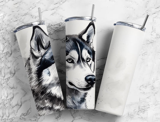 Siberian husky 20oz Sublimation Tumbler Designs, Black and white 9.2 x 8.3” Straight Skinny Tumbler Wrap PNG