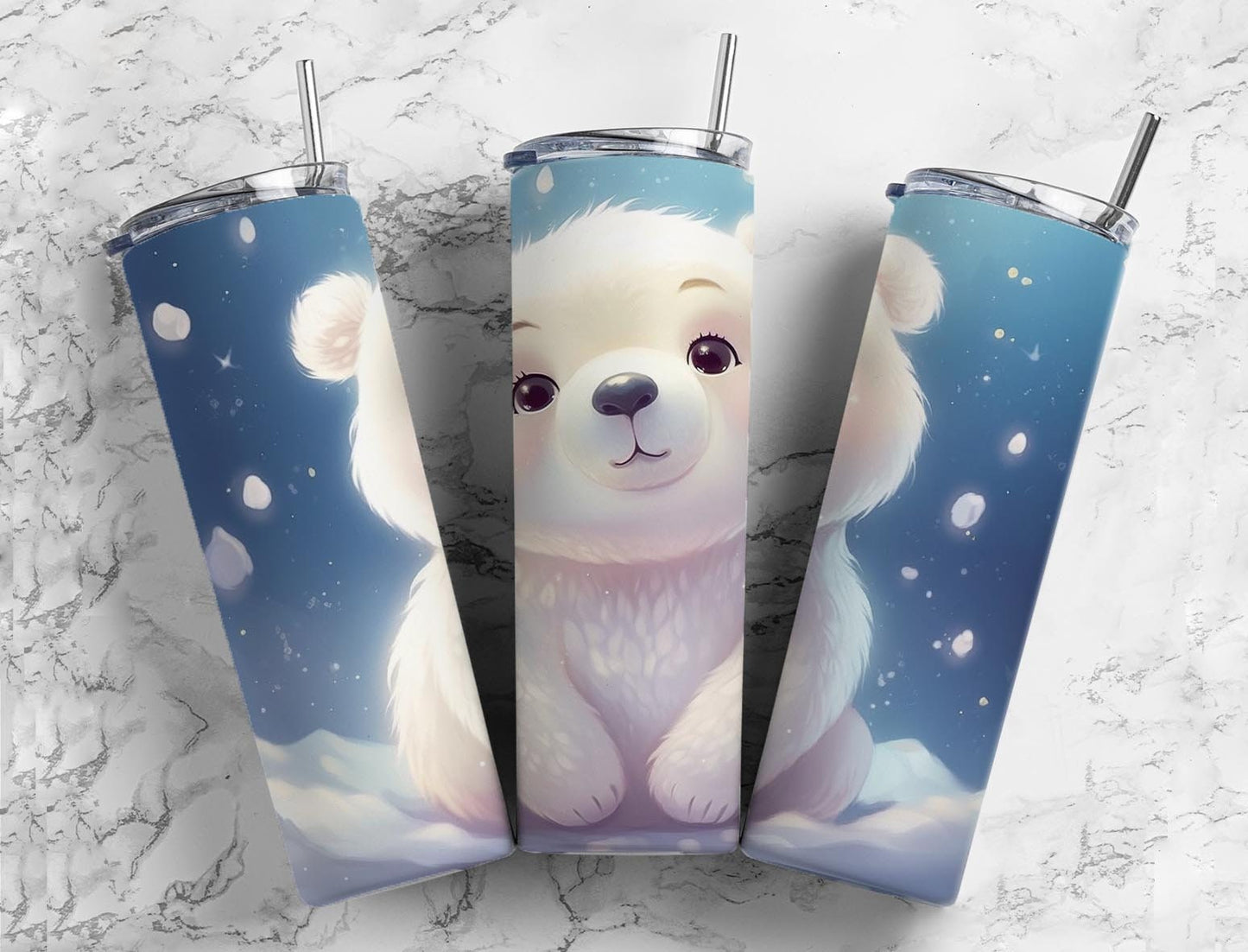 Cartoon polar bear 20oz Sublimation Tumbler Designs, baby bear 9.2 x 8.3” Straight Skinny Tumbler Wrap PNG