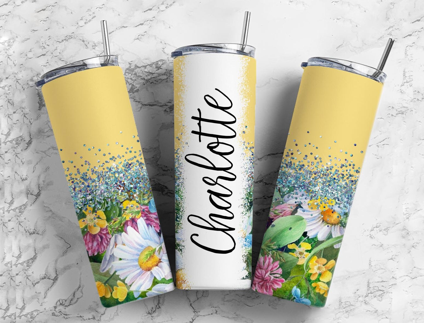 Botanical Flower 20oz Sublimation Tumbler Designs, Iridescent Glitter Yellow 9.2 x 8.3” Straight Skinny Tumbler, PNGp99