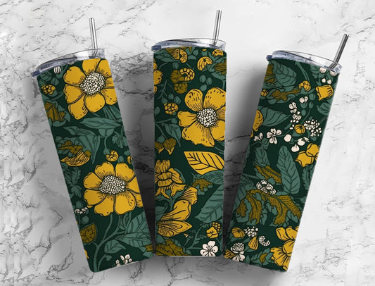 Retro floral 20oz Sublimation Tumbler Designs, yellow flowers 9.2 x 8.3” Straight Skinny Tumbler Wrap PNG