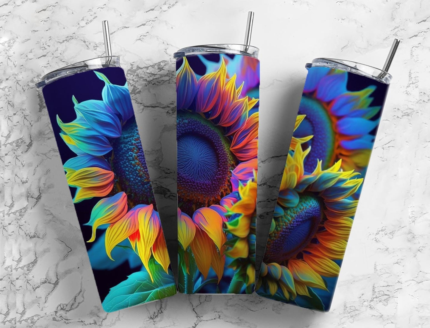 Rainbow sunflower 20oz Sublimation Tumbler Designs, Sunflower floral 9.2 x 8.3” Straight Skinny Tumbler Wrap PNG