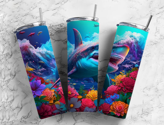 Shark 20oz Sublimation Tumbler Designs, Vibrant Neon Rainbow 9.2 x 8.3” Straight Skinny Tumbler, Tumbler Wrap PNG