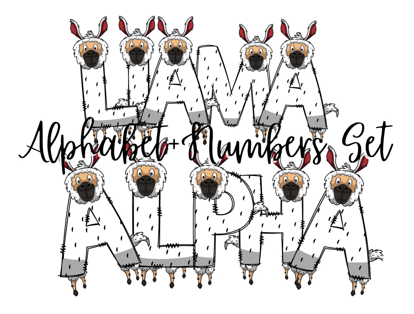 Llama Doodle Letters Alphabet with Uppercase and Numbers PNG, Alphabet PNG Digital Download PNG