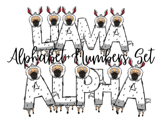 Llama Doodle Letters Alphabet with Uppercase and Numbers PNG, Alphabet PNG Digital Download PNG