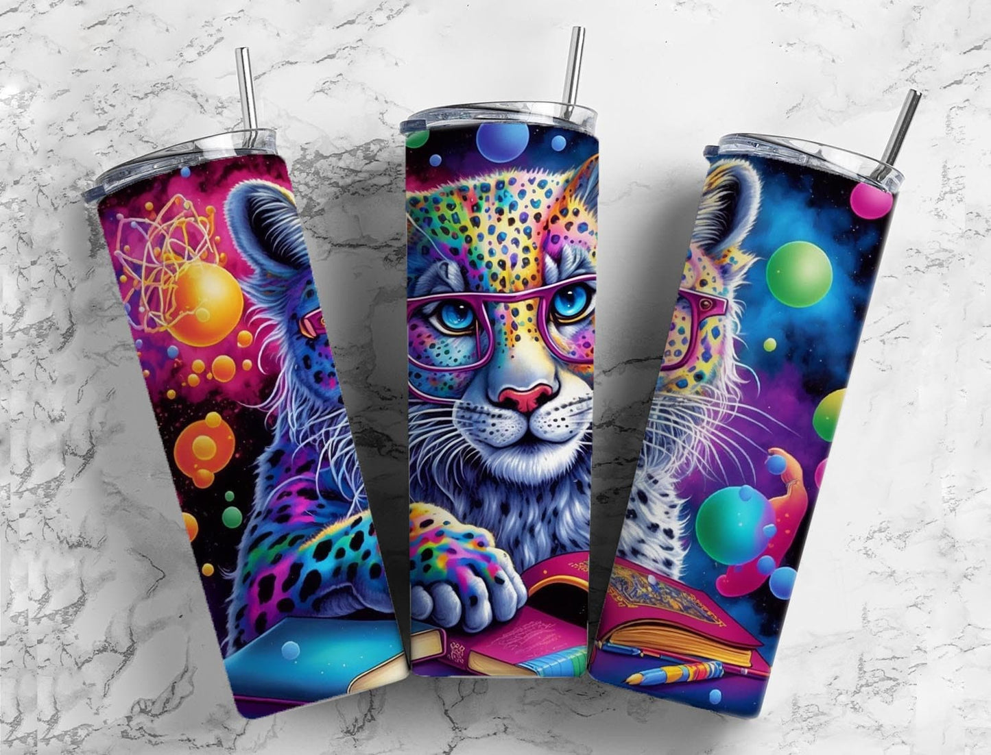 Rainbow leopard 20oz Sublimation Tumbler Designs, colorful cartoon 9.2 x 8.3” Straight Skinny Tumbler Wrap PNG