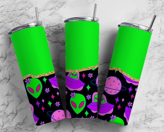 Bright Alien 20oz Sublimation Tumbler Designs, Fluro Purple Green Gold Agate Line 9.2 x 8.3” Straight Skinny Tumbler Wrap PNG39