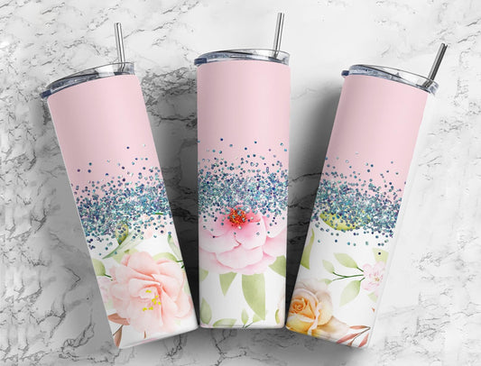 Botanical Retro 20oz Sublimation Tumbler Designs, Iridescent Glitter Pink 9.2 x 8.3” Straight Skinny Tumbler Wrap PNG