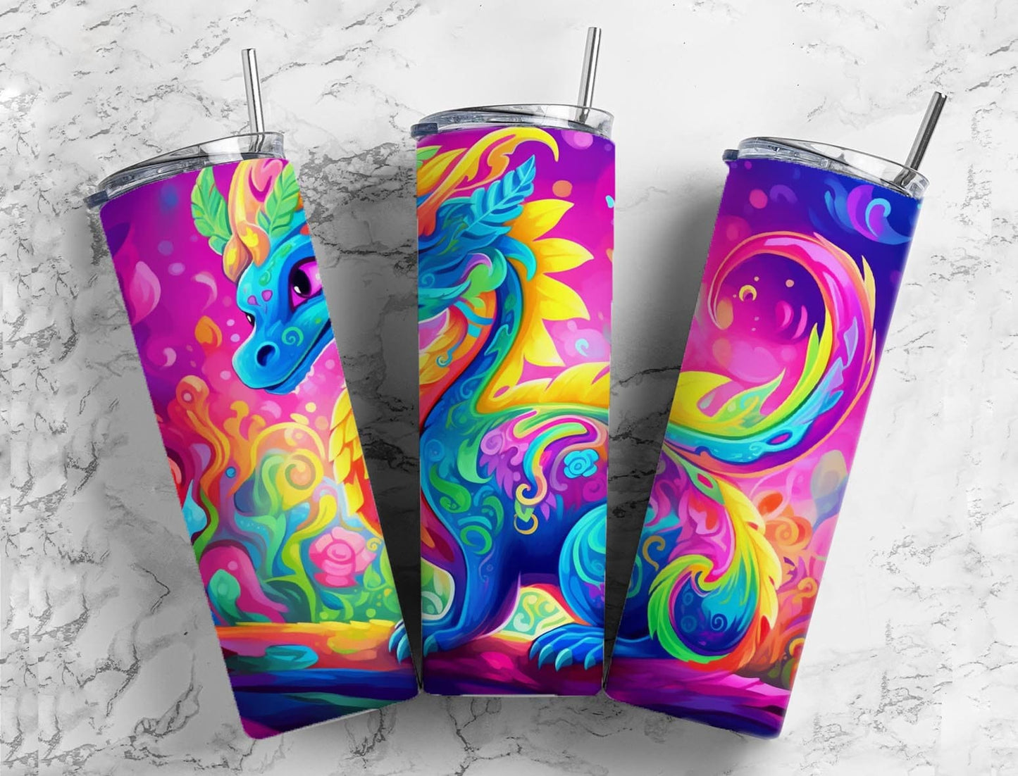 Colorful dragon 20oz Sublimation Tumbler Designs, rainbow cartoon 9.2 x 8.3” Straight Skinny Tumbler Wrap PNG