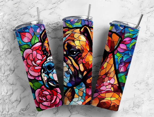 Stained glass boxer 20oz Sublimation Tumbler Designs, Floral dog 9.2 x 8.3” Straight Skinny Tumbler Wrap PNG