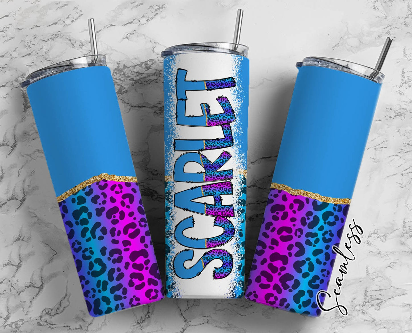 Blue Leopard Tumbler Wrap with Matching Doodle Letter Alphabet PNG, Bright Aesthetic Add your Own name 20oz Tumbler, Alpha Set PNG 117