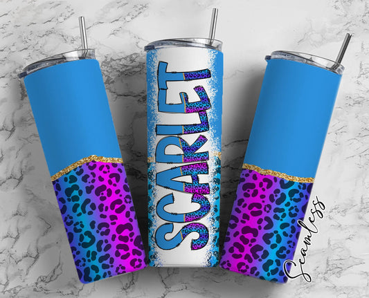 Blue Leopard Tumbler Wrap with Matching Doodle Letter Alphabet PNG, Bright Aesthetic Add your Own name 20oz Tumbler, Alpha Set PNG 117