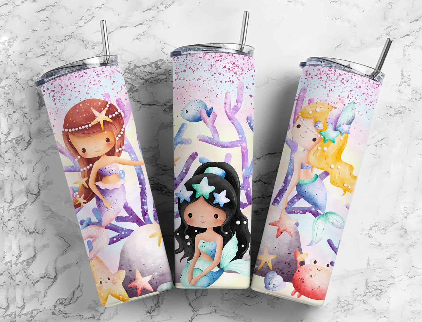 Cartoon Mermaids 20oz Sublimation Tumbler Designs, Glitter  9.2 x 8.3”  Tumbler Png, Digital Download