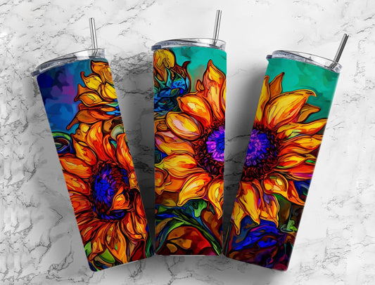 Colorful sunflower 20oz Sublimation Tumbler Designs, Floral botanical 9.2 x 8.3” Straight Skinny Tumbler Wrap PNG