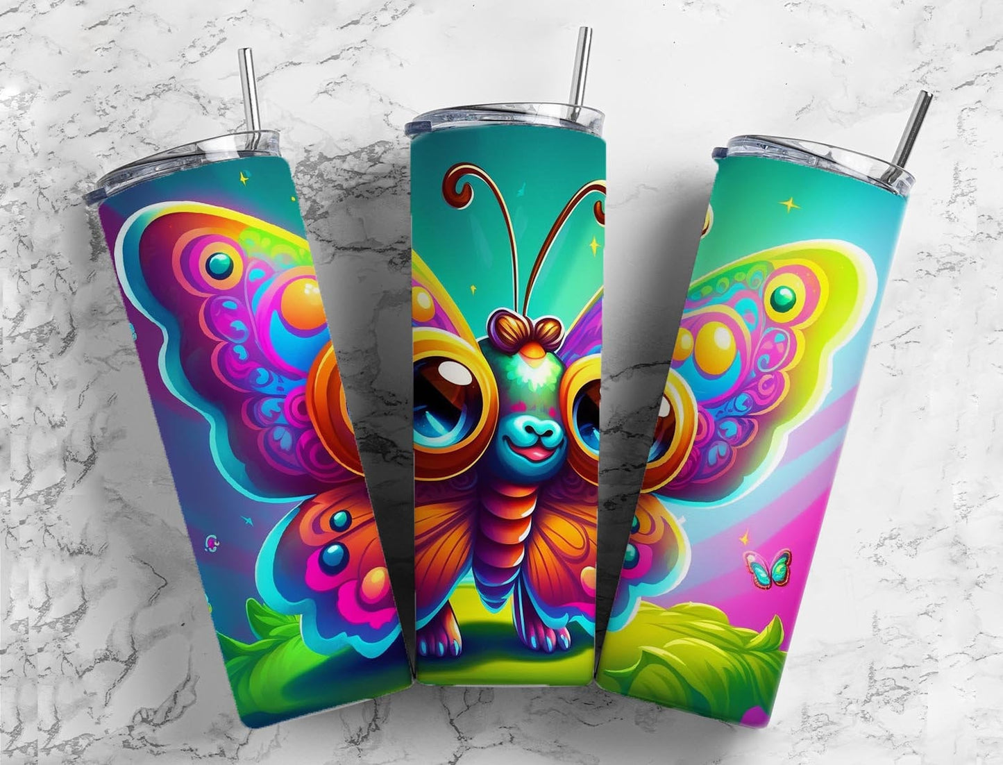 Cartoon butterfly 20oz Sublimation Tumbler Designs, Colorful rainbow 9.2 x 8.3” Straight Skinny Tumbler Wrap PNG