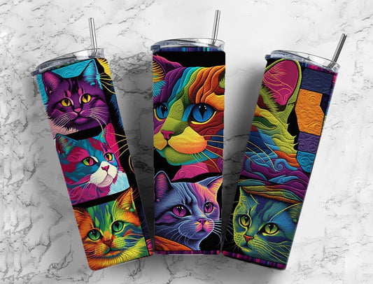 Cat 20oz Sublimation Tumbler Designs, Rainbow Patchwork Quilt 9.2 x 8.3” Straight Skinny Tumbler, Tumbler Wrap PNG