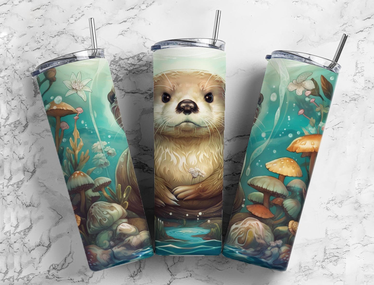 Cute otter 20oz Sublimation Tumbler Designs, Mushroom forest 9.2 x 8.3” Straight Skinny Tumbler Wrap PNG