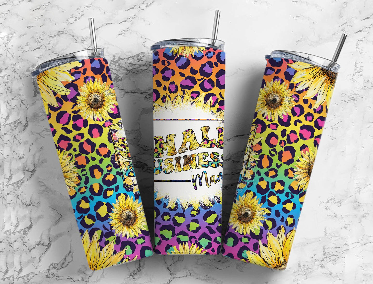 Sunflower Rainbow leopard print 20oz Sublimation Tumbler Designs, Small business 9.2 x 8.3” Straight Skinny Tumbler Wrap PNG