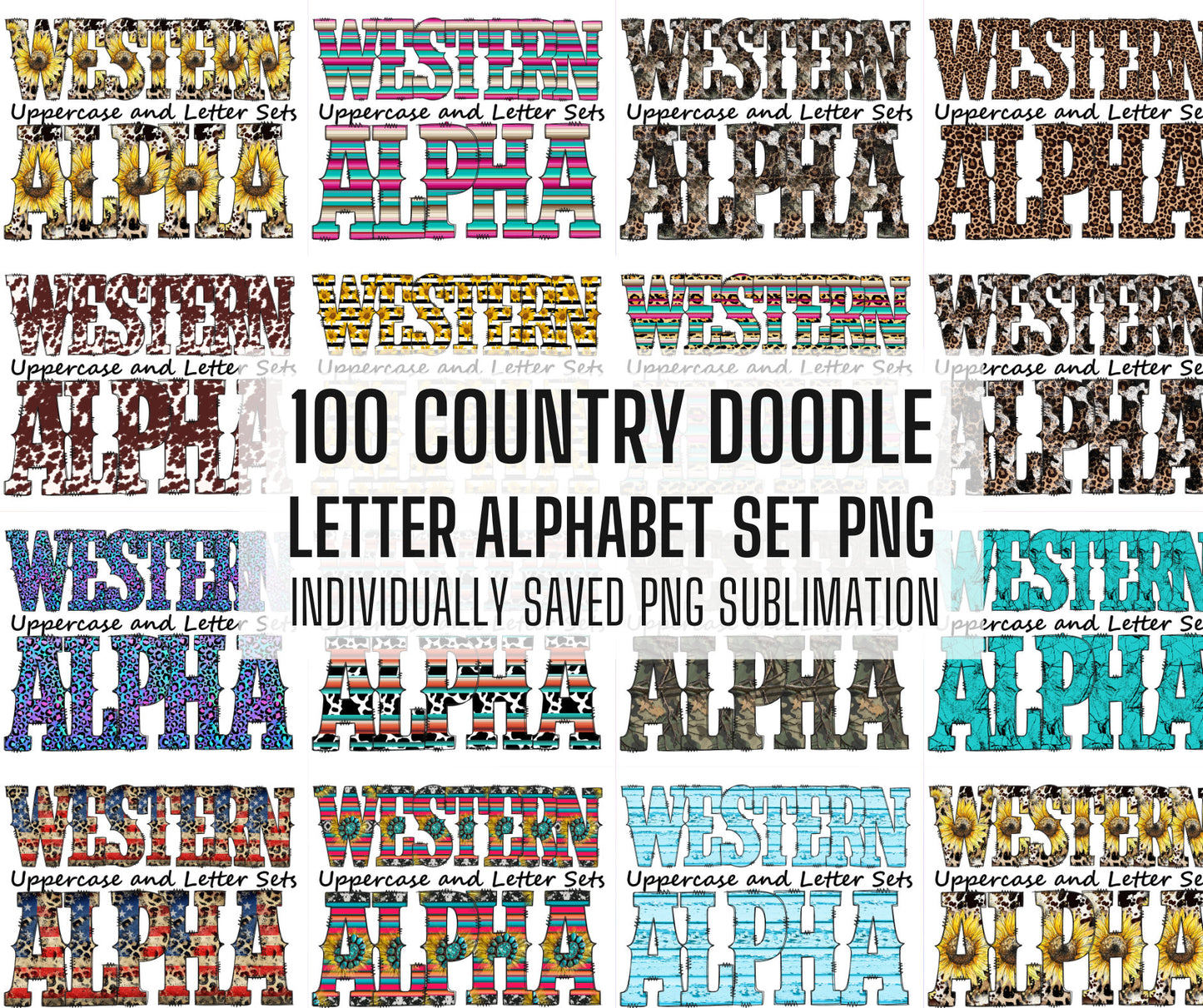 100+ MEGA BUNDLE - Western Doodle Letters! Entire Doodle Uppercase Alphabet, Numbers, Individually Saved PNG, pack, Sublimation letters