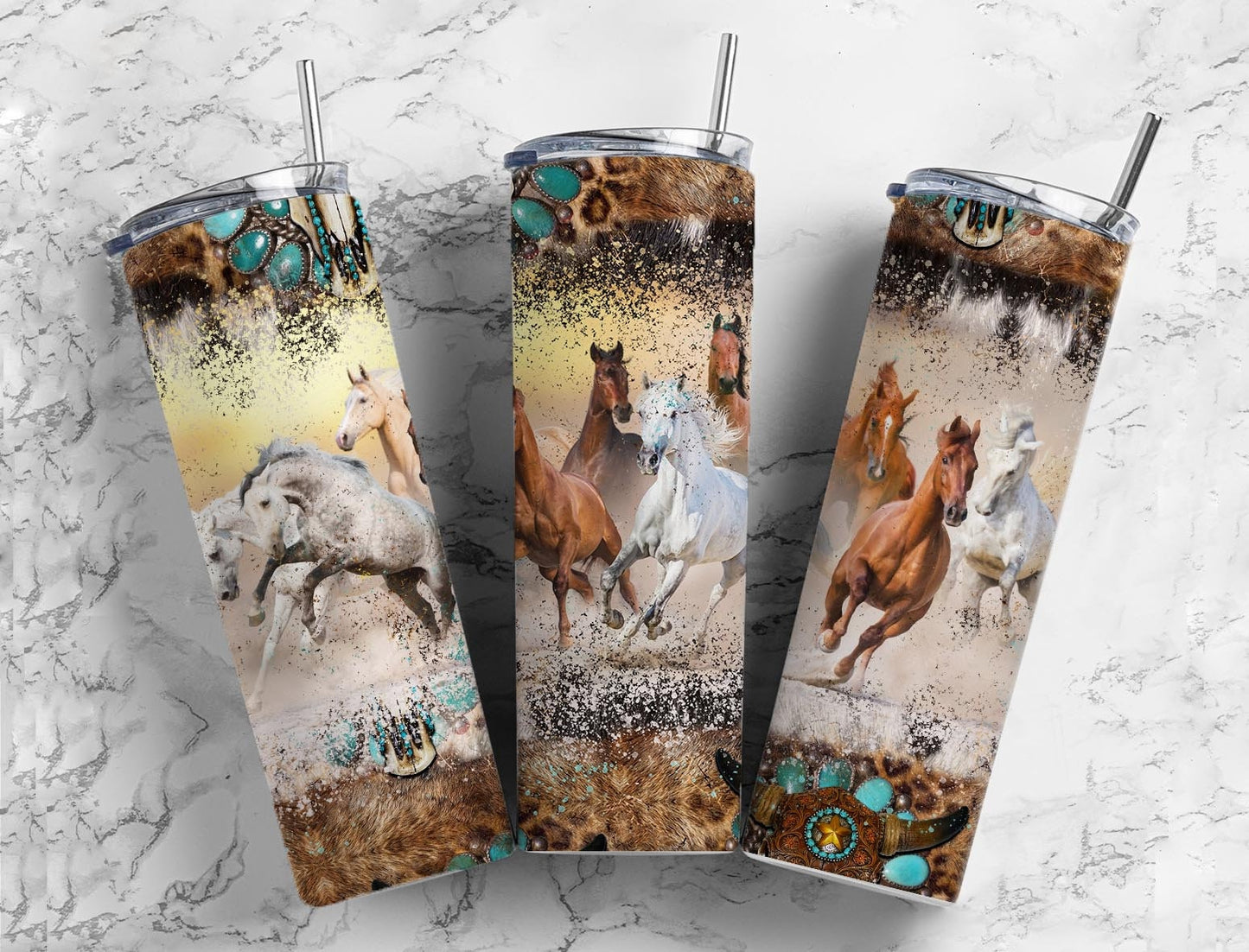 Teal Horse 20oz Sublimation Tumbler Designs, Aztec Country Western 9.2 x 8.3” Straight Skinny Tumbler, Horse Lover Wrap PNG