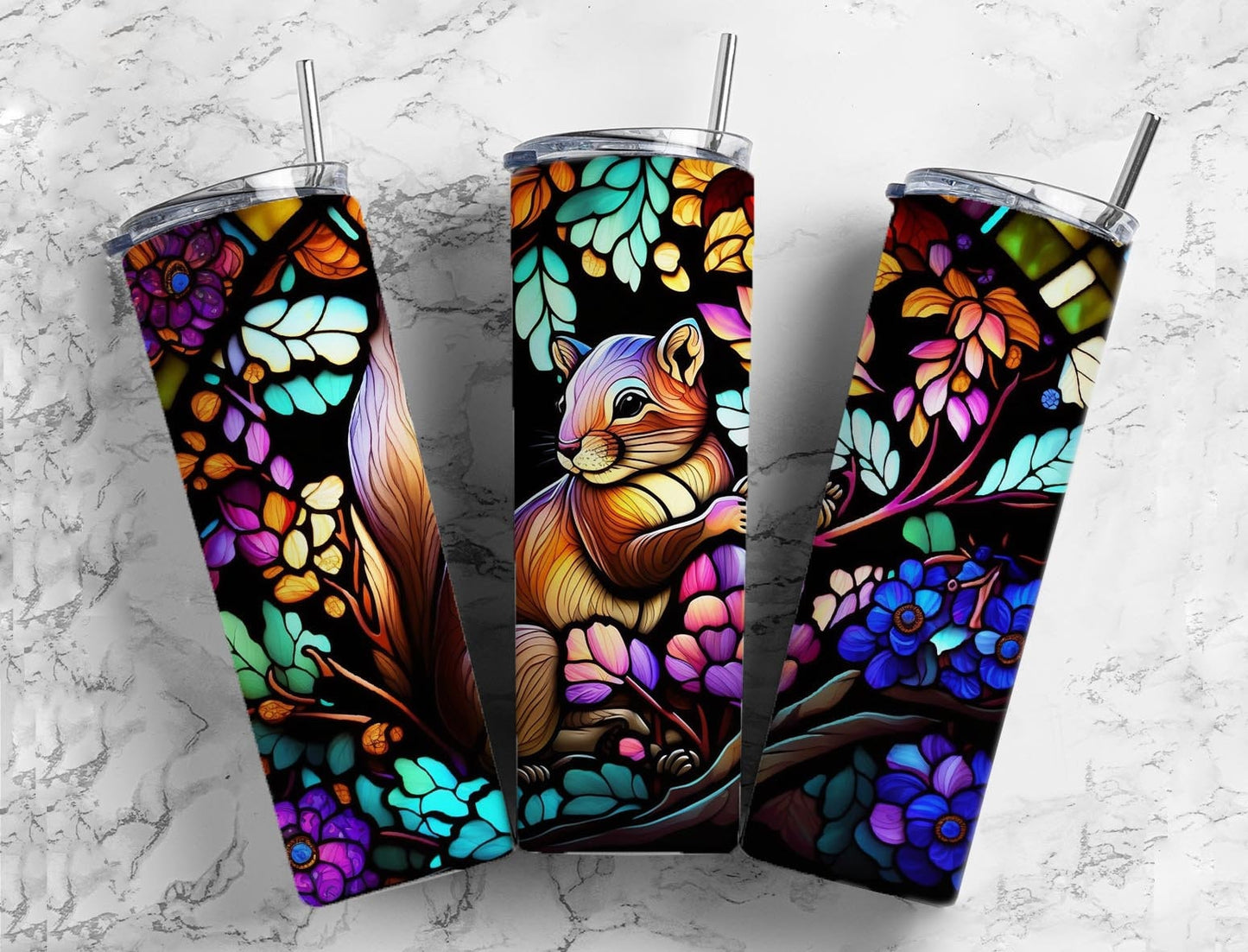 Stained glass squirrel 20oz Sublimation Tumbler Designs, Rainbow neon 9.2 x 8.3” Straight Skinny Tumbler Wrap