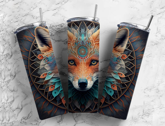 Red fox 20oz Sublimation Tumbler Designs, Carved patterned 9.2 x 8.3” Straight Skinny Tumbler Wrap PNG