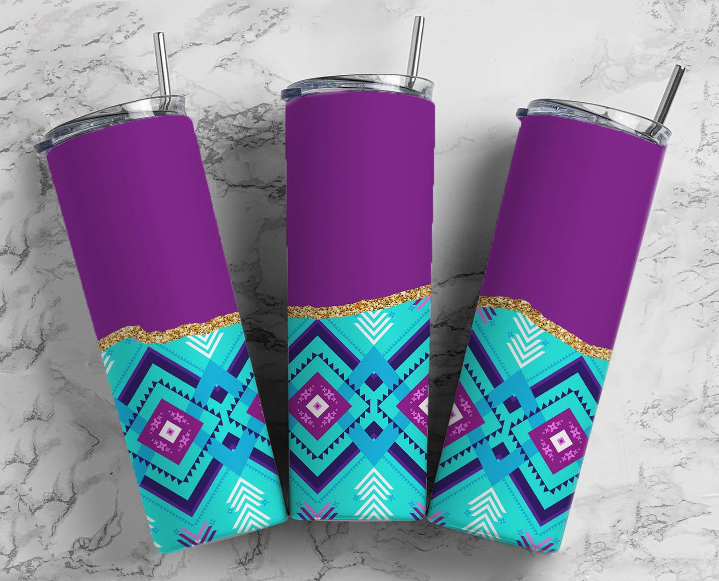 Bright Aztec Print 20oz Sublimation Tumbler Designs, Fluro PurpleTeal Agate 9.2 x 8.3” Straight Skinny Tumbler Wrap PNG108