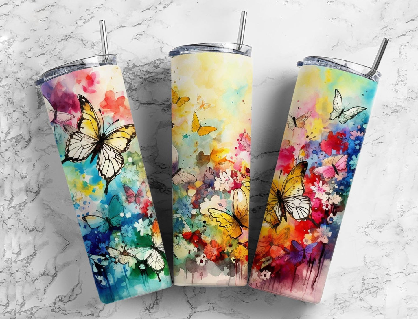 Butterfly garden 20oz Sublimation Tumbler Designs, Alcohol ink colorful 9.2 x 8.3” Straight Skinny Tumbler Wrap PNG