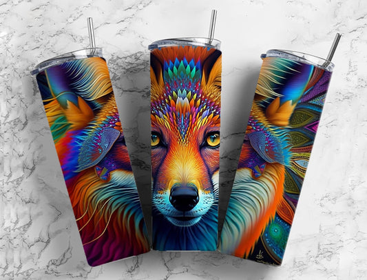 Colorful fox 20oz Sublimation Tumbler Designs, Rainbow neon 9.2 x 8.3” Straight Skinny Tumbler Wrap PNG