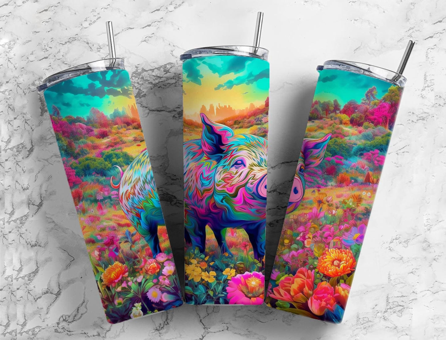 Colorful pig 20oz Sublimation Tumbler Designs, Floral landscape 9.2 x 8.3” Straight Skinny Tumbler Wrap PNG