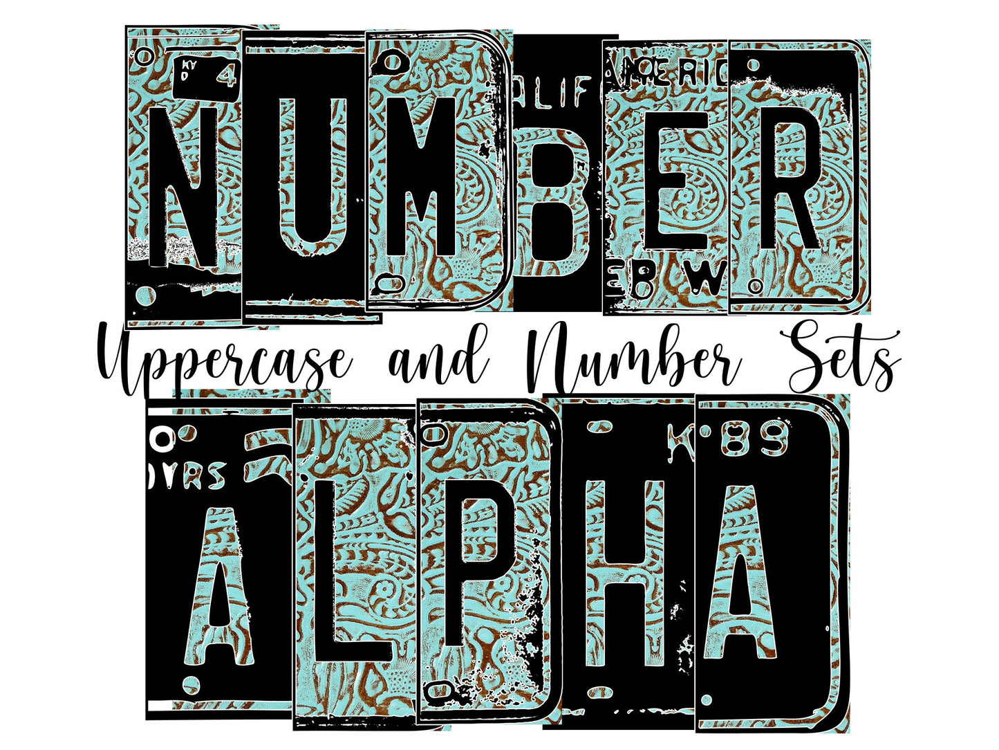 Tooled Leather Number Plate Alphabet Uppercase Numbers PNG, Teal Blue Alphabet PNG Digital Download