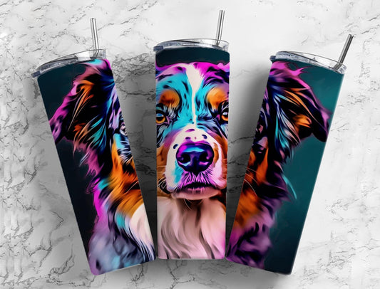 Australian shepherd 20oz Sublimation Tumbler Designs, Neon dog 9.2 x 8.3” Straight Skinny Tumbler Wrap PNG