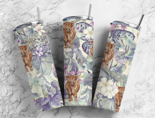 Soft floral 20oz Sublimation Tumbler Designs, Highland cow 9.2 x 8.3” Straight Skinny Tumbler Wrap PNG