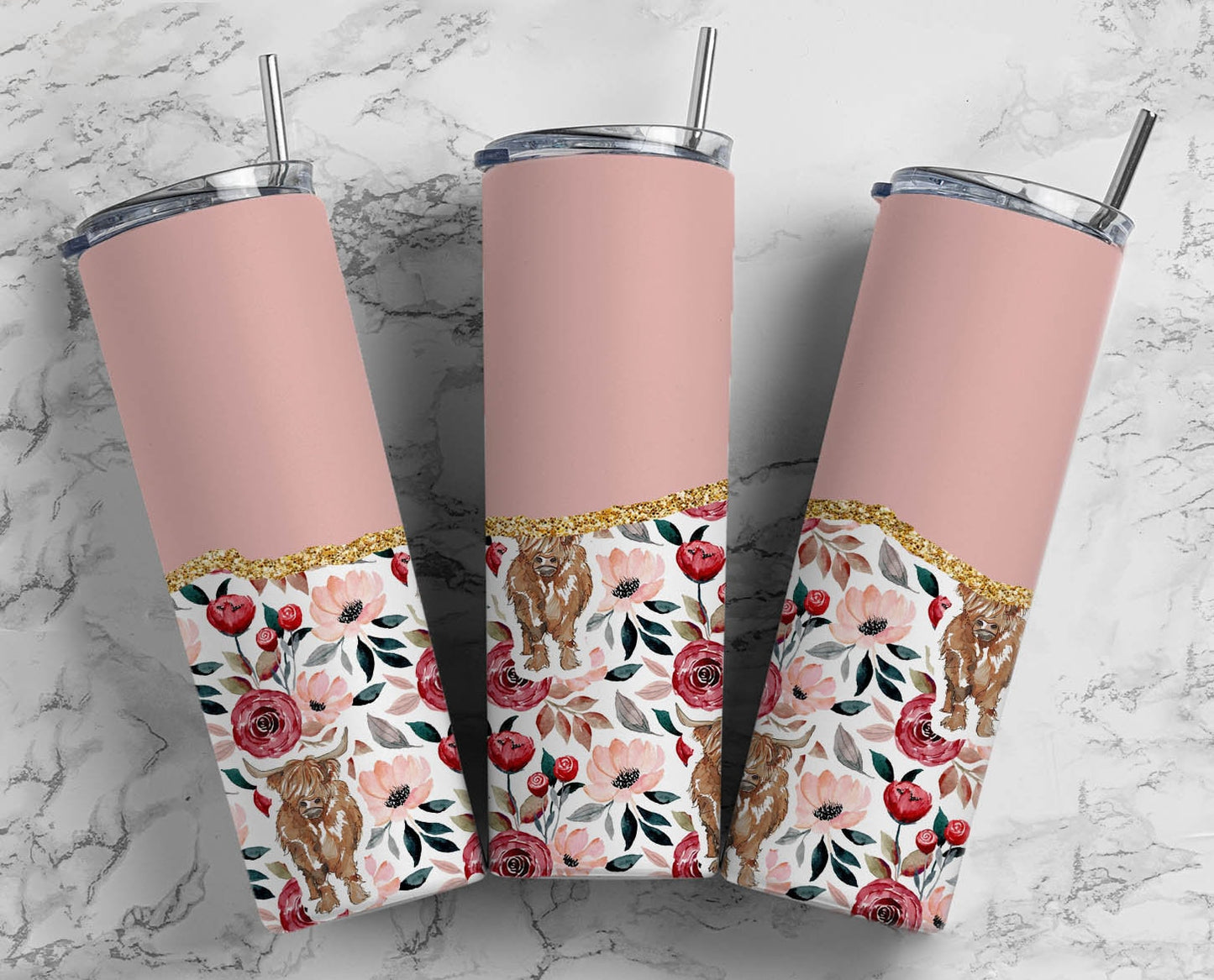 Highland Cow Pink 20oz Sublimation Tumbler Designs, Floral Aesthetic Agate 9.2 x 8.3” Straight Skinny Tumbler Wrap 25