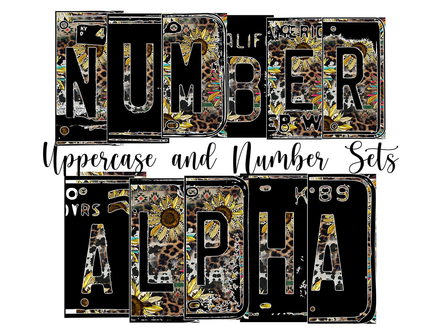 Sunflower Rustic Number Plate Alphabet Uppercase Numbers PNG, leopard Country Alphabet PNG Digital Download