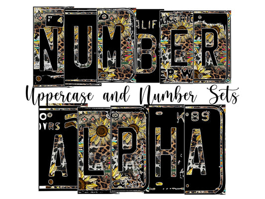 Sunflower Rustic Number Plate Alphabet Uppercase Numbers PNG, leopard Country Alphabet PNG Digital Download