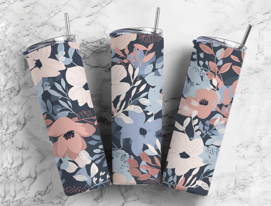 Blue and pink floral 20oz Sublimation Tumbler Designs, pastel 9.2 x 8.3” Straight Skinny Tumbler Wrap PNG