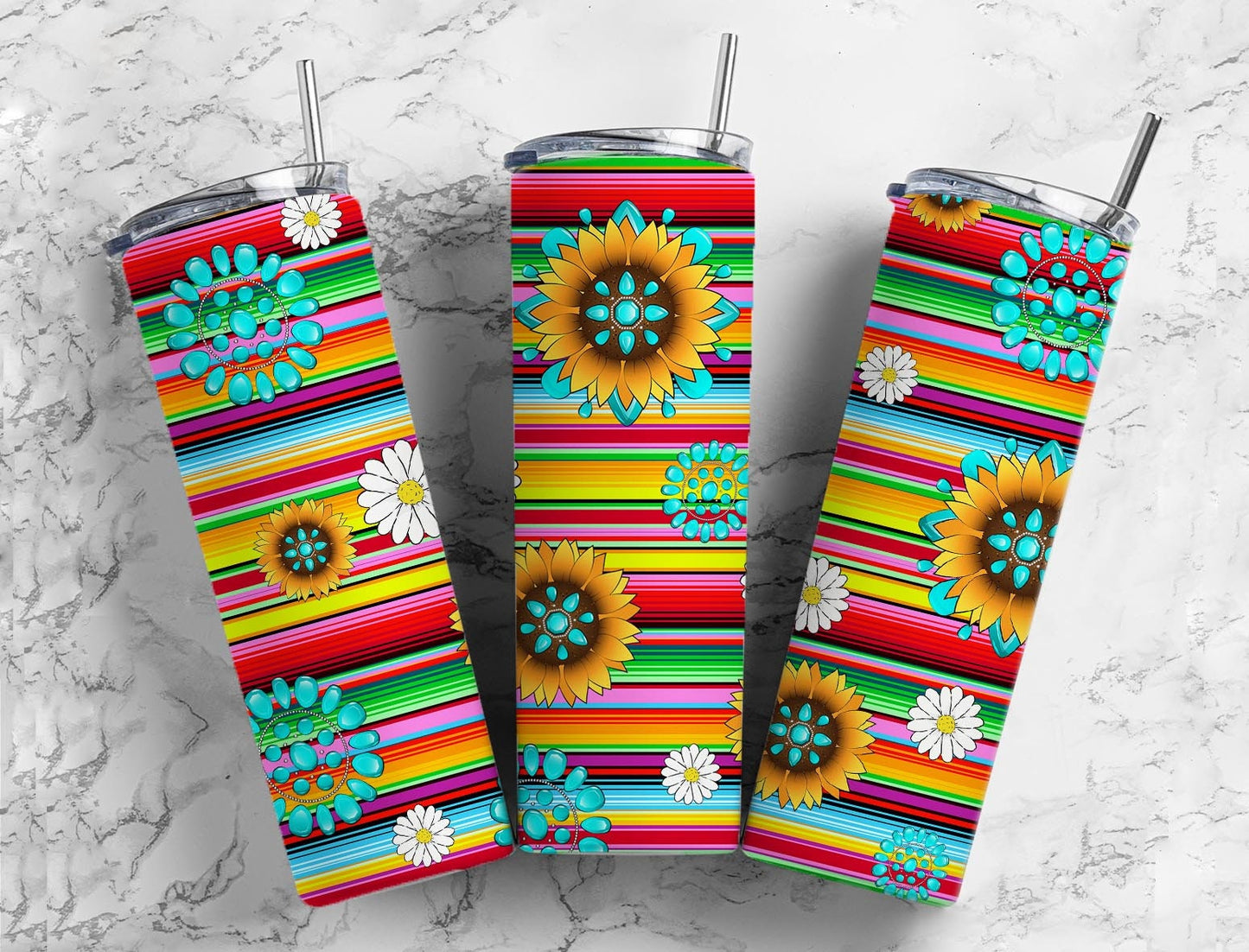 Serape sunflower 20oz Sublimation Tumbler Designs, striped sunflower 9.2 x 8.3” Straight Skinny Tumbler Wrap PNG