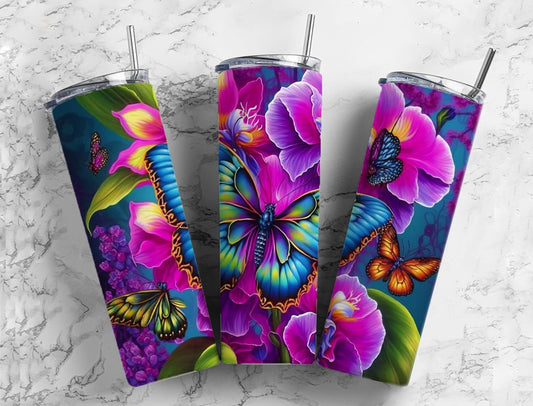 Neon butterfly 20oz Sublimation Tumbler Designs, floral colorful 9.2 x 8.3” Straight Skinny Tumbler Wrap PNG