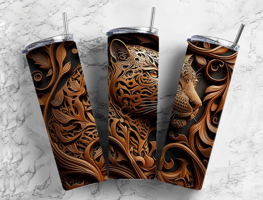 Tooled leather jaguar 20oz Sublimation Tumbler Designs, Engraved leather 9.2 x 8.3” Straight Skinny Tumbler Wrap PNG