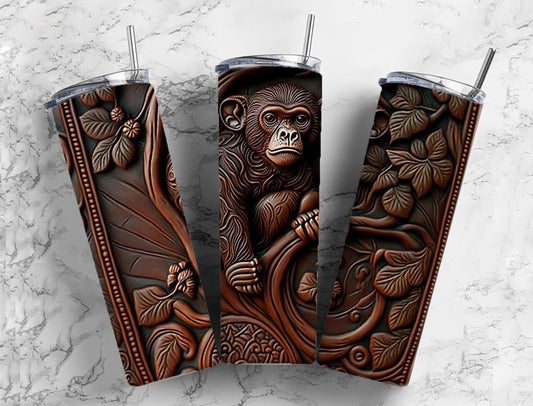 Tooled leather monkey 20oz Sublimation Tumbler Designs, engraved leather 9.2 x 8.3” Straight Skinny Tumbler Wrap