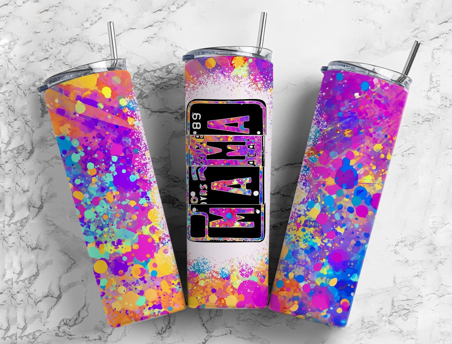 Rainbow Paint Splatter 20oz Sublimation Tumbler Designs,Mama Number Plate 9.2 x 8.3” Straight Skinny Tumbler, Tumbler Wrap PNG