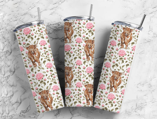 Highland Cow 20oz Sublimation Tumbler Designs, Floral Pink Aesthetic Country Western 9.2 x 8.3” Straight Skinny Tumbler Wrap PNG