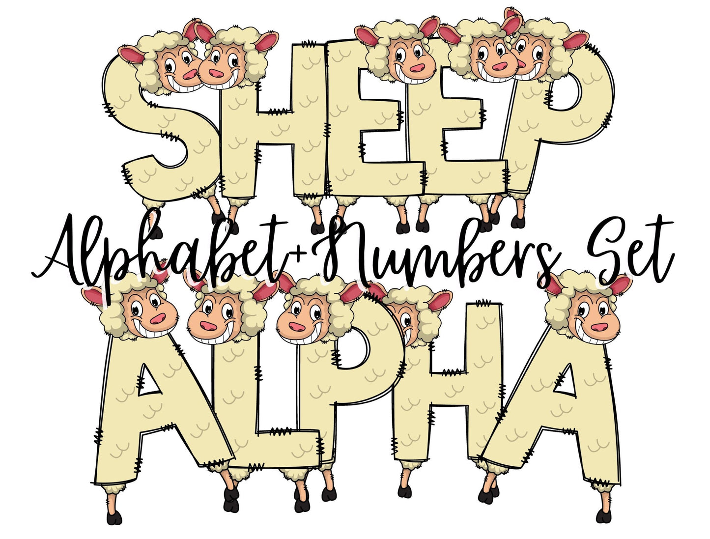 Sheep Doodle Letters Alphabet with Uppercase and Numbers PNG, Alphabet PNG Digital Download