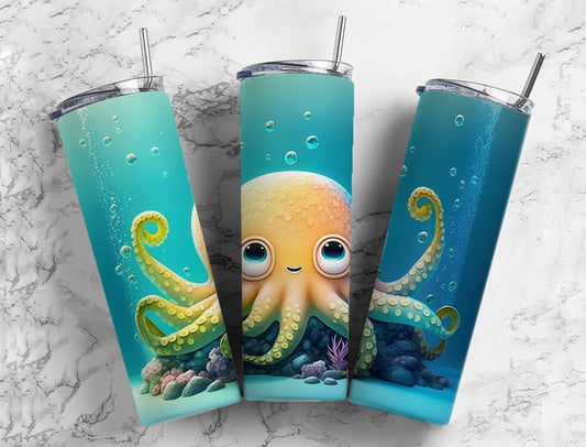 Cartoon octopus 20oz Sublimation Tumbler Designs, Ocean landscape 9.2 x 8.3” Straight Skinny Tumbler Wrap PNG