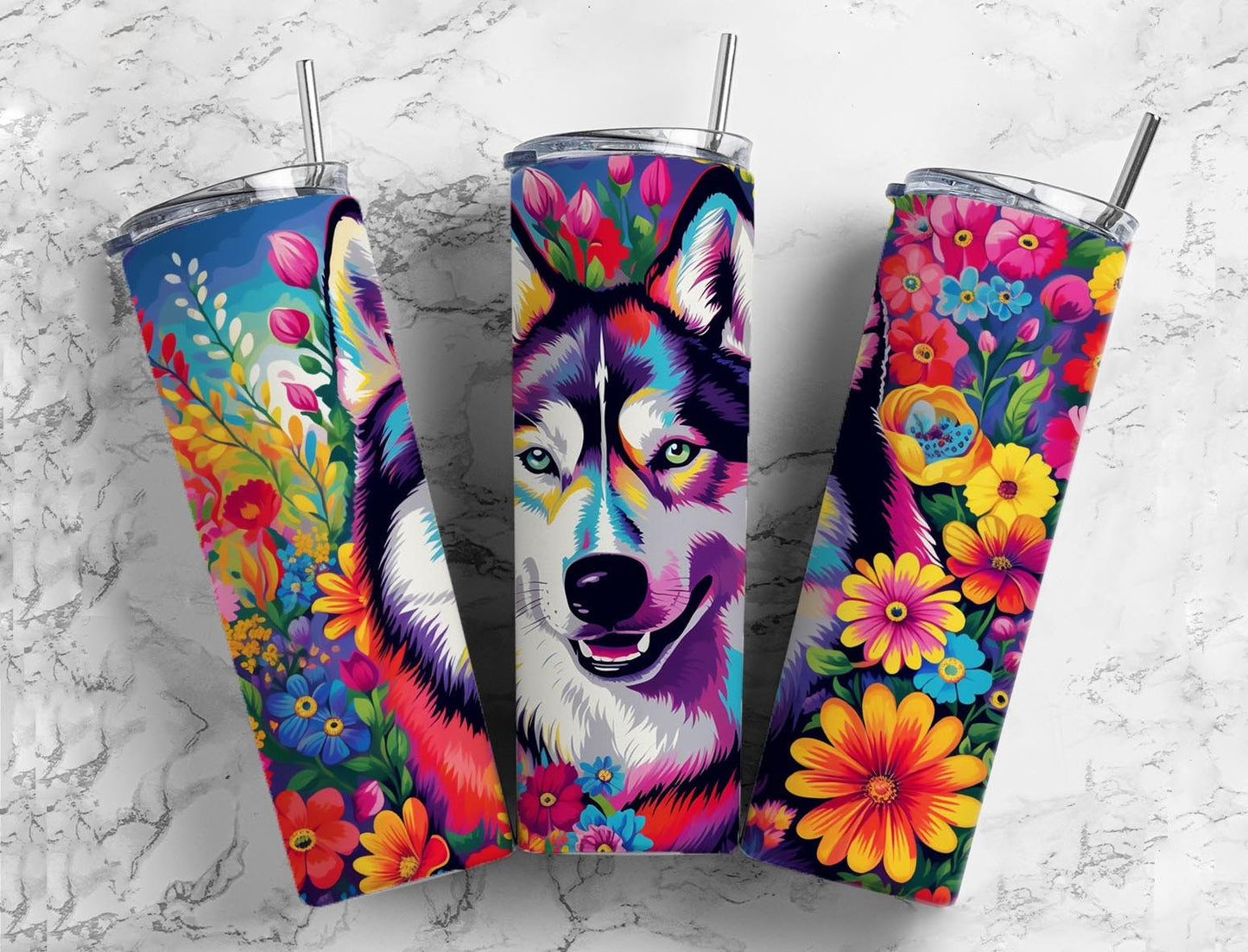 Siberian husky 20oz Sublimation Tumbler Designs, Floral landscape 9.2 x 8.3” Straight Skinny Tumbler Wrap PNG